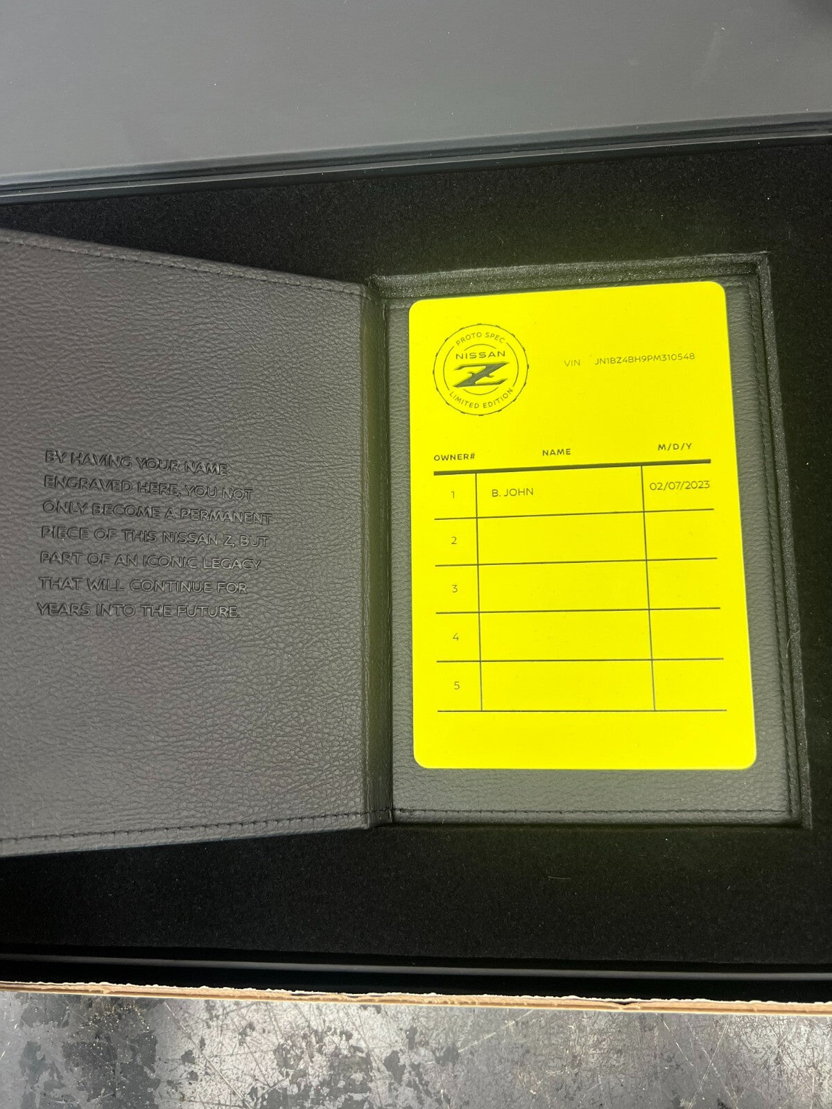 Nissan Z Proto Spec Owner Plaque/ Owner Plate/ Owner Log OEM from Nissan