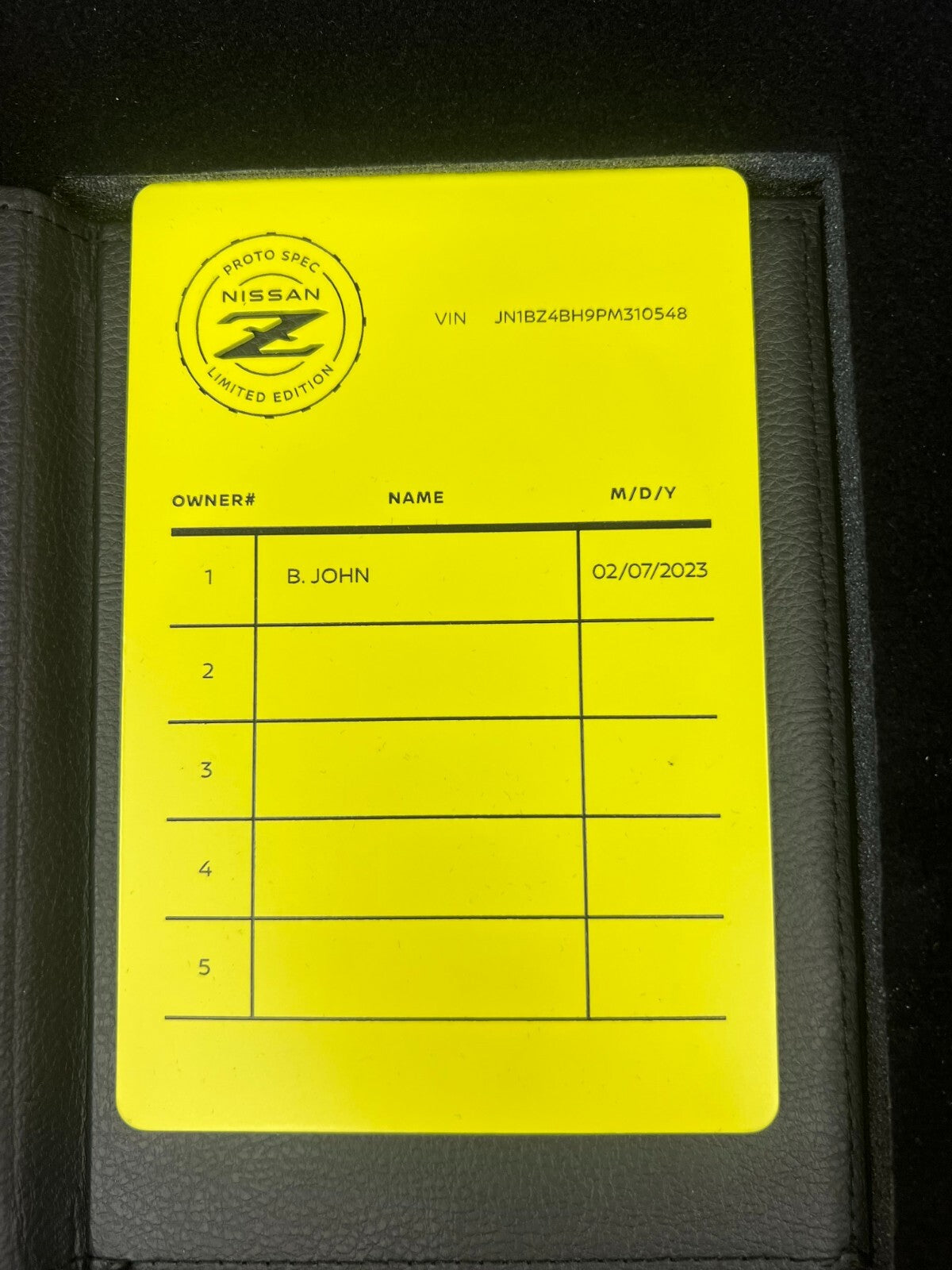Nissan Z Proto Spec Owner Plaque/ Owner Plate/ Owner Log OEM from Nissan