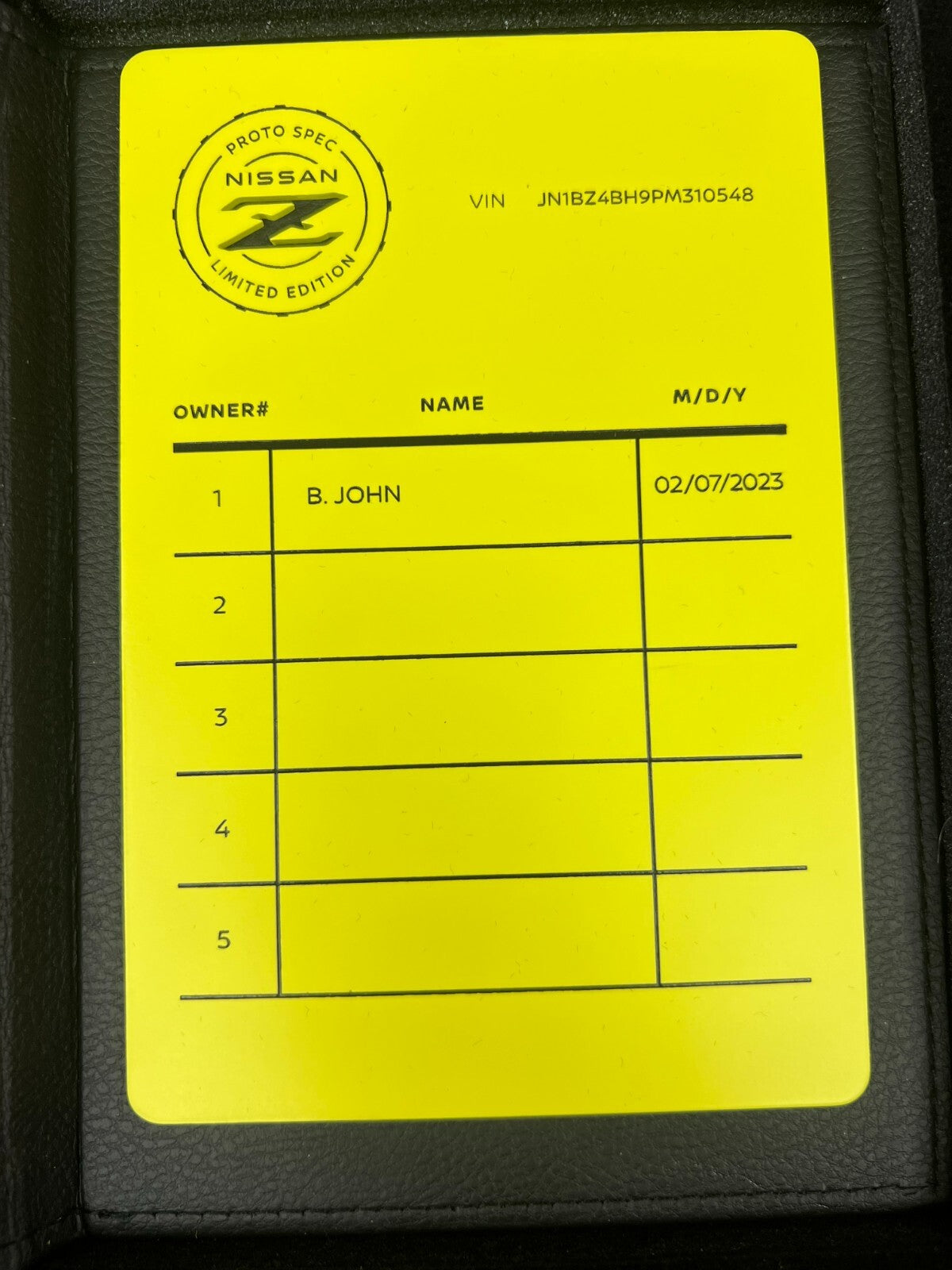 Nissan Z Proto Spec Owner Plaque/ Owner Plate/ Owner Log OEM from Nissan